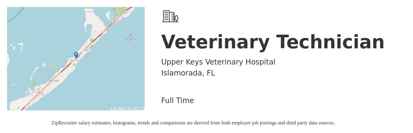 Upper Keys Veterinary Hospital job posting for a Veterinary Technician in Islamorada, FL with a salary of $17 to $24 Hourly with a map of Islamorada location.