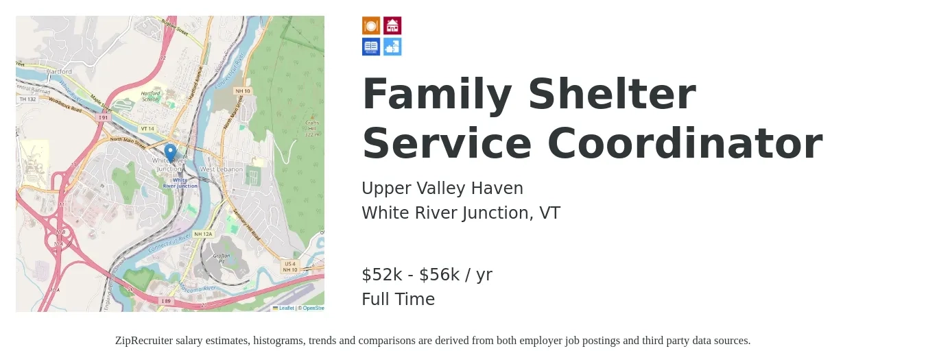 Upper Valley Haven job posting for a Family Shelter Service Coordinator in White River Junction, VT with a salary of $52,000 to $56,000 Yearly with a map of White River Junction location.