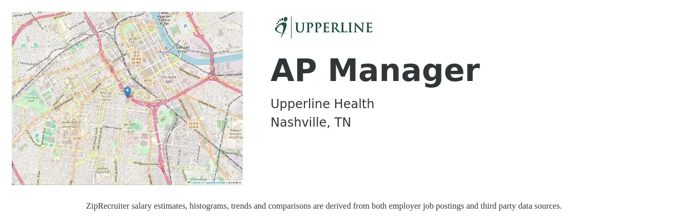 Upperline Health job posting for a AP Manager in Nashville, TN with a salary of $62,100 to $85,400 Yearly with a map of Nashville location.