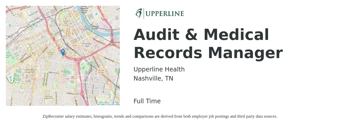 Upperline Health job posting for a Audit & Medical Records Manager in Nashville, TN with a salary of $46,500 to $74,900 Yearly with a map of Nashville location.