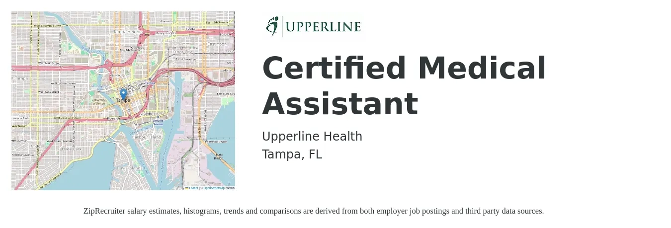 Upperline Health job posting for a Certified Medical Assistant in Tampa, FL with a salary of $16 to $21 Hourly with a map of Tampa location.