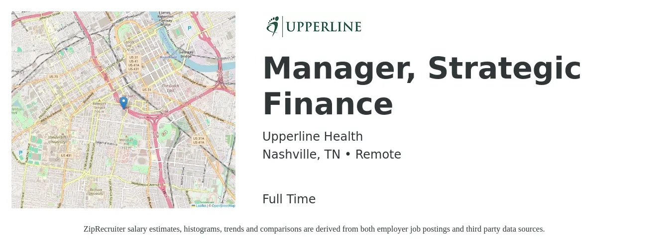 Upperline Health job posting for a Manager, Strategic Finance in Nashville, TN with a salary of $89,600 to $159,300 Yearly with a map of Nashville location.