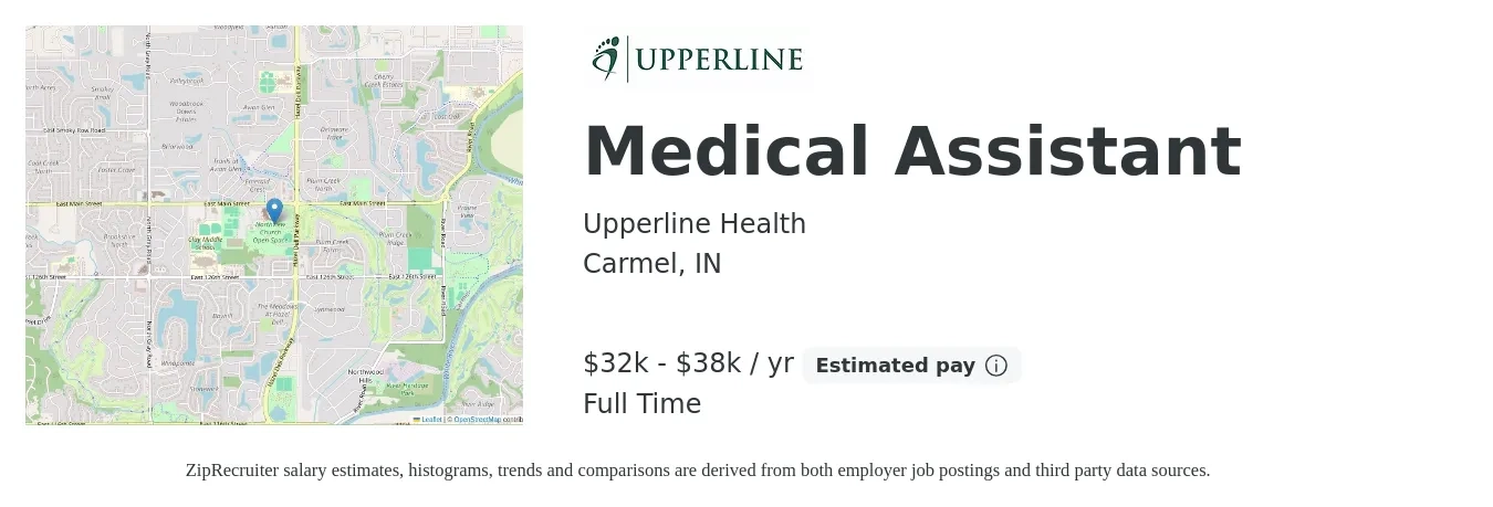 Upperline Health job posting for a Medical Assistant in Carmel, IN with a salary of $32,000 to $38,000 Yearly with a map of Carmel location.