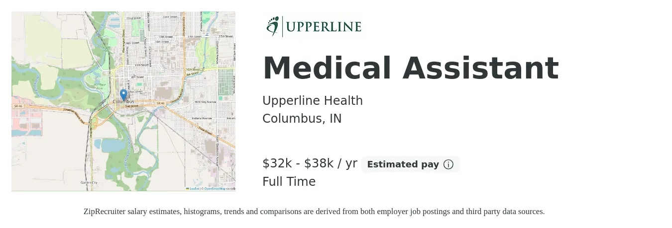 Upperline Health job posting for a Medical Assistant in Columbus, IN with a salary of $32,000 to $38,000 Yearly with a map of Columbus location.