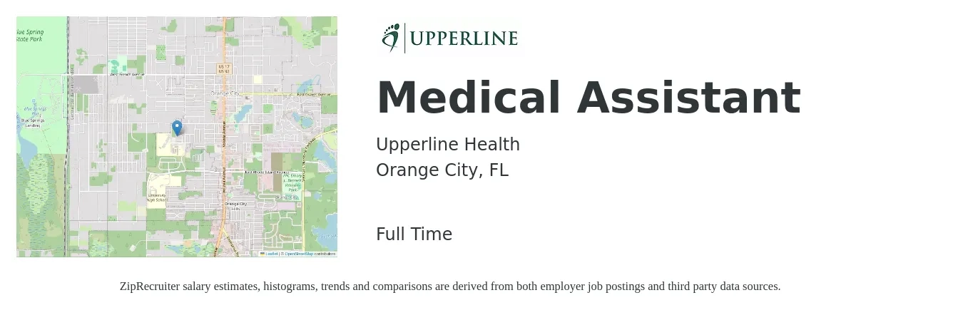 Upperline Health job posting for a Medical Assistant in Orange City, FL with a salary of $16 to $20 Hourly with a map of Orange City location.
