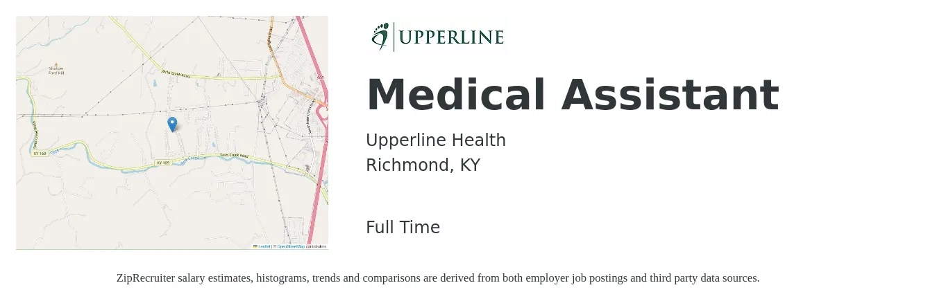 Upperline Health job posting for a Medical Assistant in Richmond, KY with a salary of $16 to $21 Hourly with a map of Richmond location.