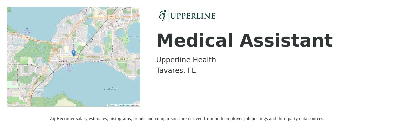 Upperline Health job posting for a Medical Assistant in Tavares, FL with a salary of $16 to $20 Hourly with a map of Tavares location.