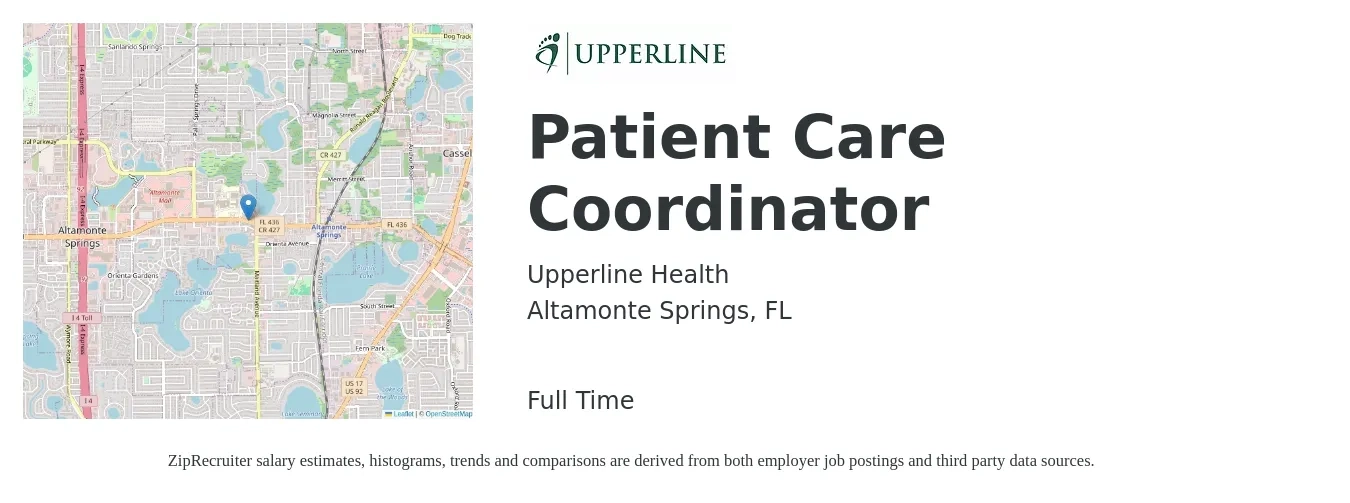 Upperline Health job posting for a Patient Care Coordinator in Altamonte Springs, FL with a salary of $16 to $22 Hourly with a map of Altamonte Springs location.