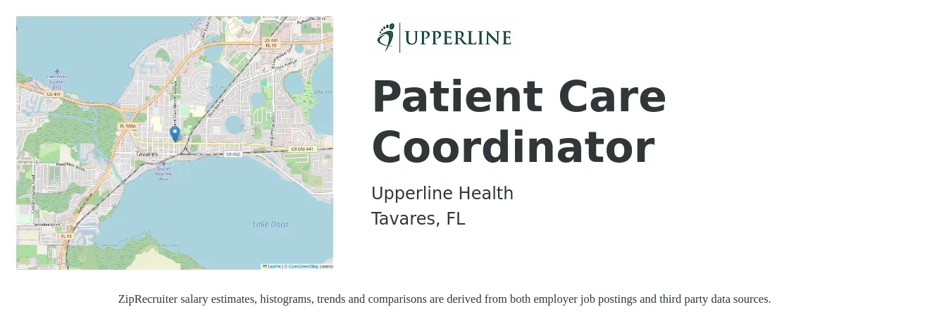 Upperline Health job posting for a Patient Care Coordinator in Tavares, FL with a salary of $15 to $20 Hourly with a map of Tavares location.