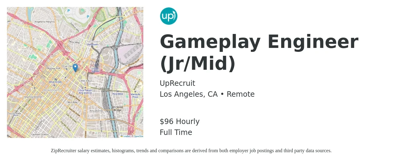 UpRecruit job posting for a Gameplay Engineer (Jr/Mid) in Los Angeles, CA with a salary of $100 Hourly with a map of Los Angeles location.