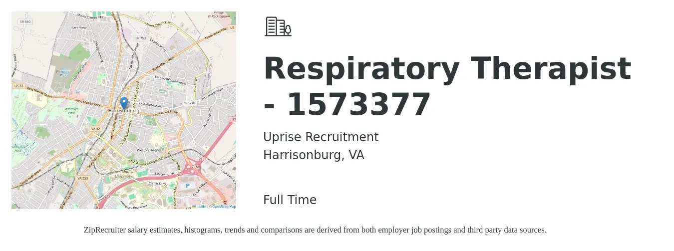 Uprise Recruitment job posting for a Respiratory Therapist - 1573377 in Harrisonburg, VA with a salary of $1,500 Daily with a map of Harrisonburg location.