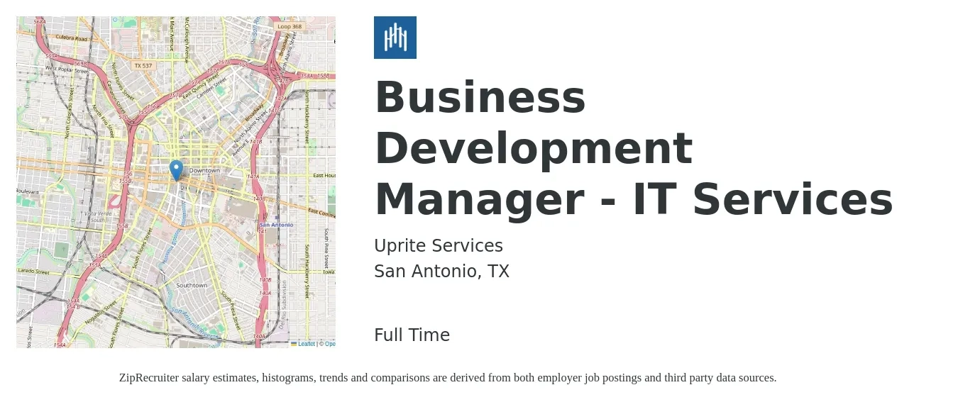 Uprite Services job posting for a Business Development Manager - IT Services in San Antonio, TX with a salary of $54,000 to $88,500 Yearly with a map of San Antonio location.