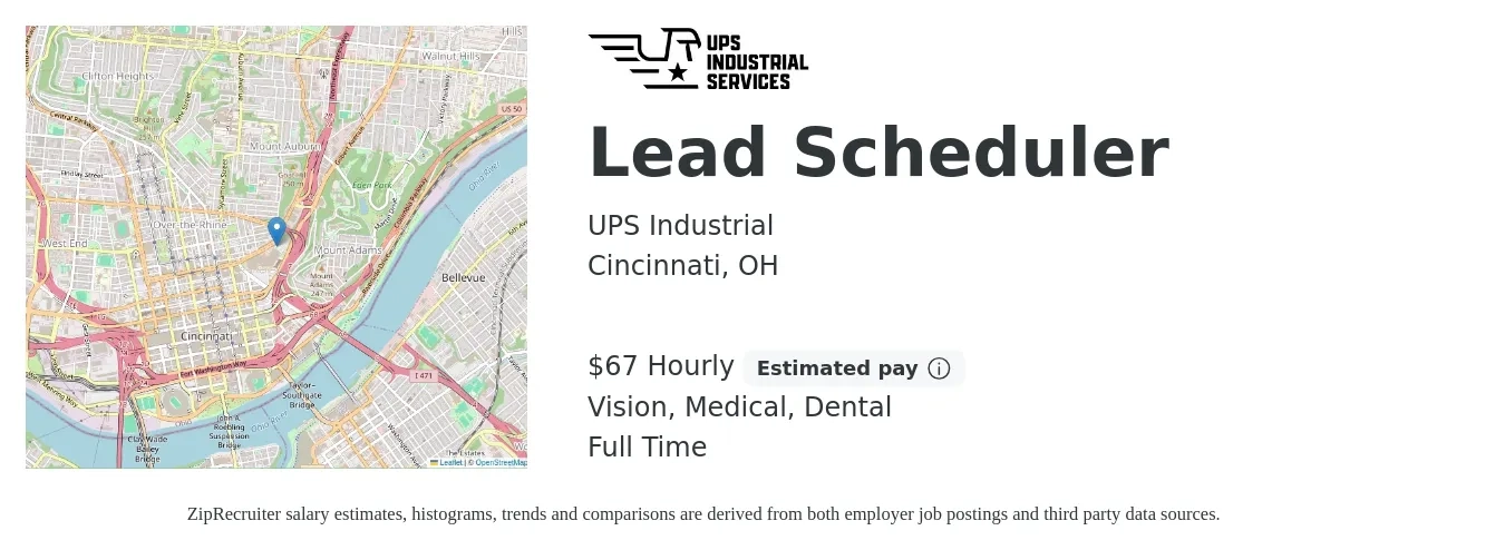 UPS Industrial job posting for a Lead Scheduler in Cincinnati, OH with a salary of $70 Hourly and benefits including life_insurance, medical, retirement, vision, and dental with a map of Cincinnati location.