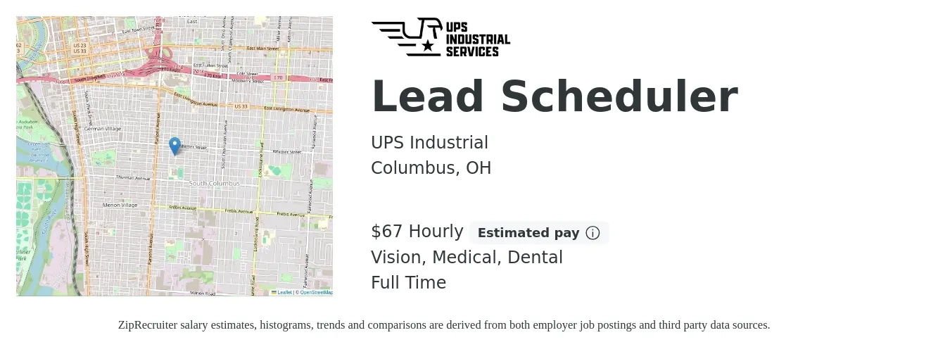 UPS Industrial job posting for a Lead Scheduler in Columbus, OH with a salary of $70 Hourly and benefits including dental, life_insurance, medical, retirement, and vision with a map of Columbus location.