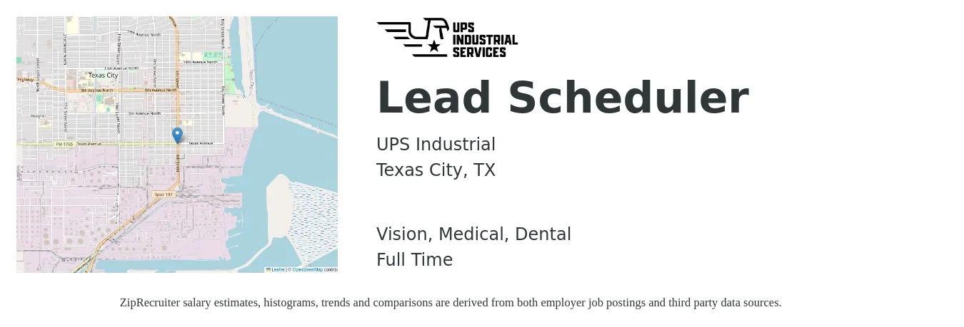 UPS Industrial job posting for a Lead Scheduler in Texas City, TX with a salary of $53,900 to $84,700 Yearly and benefits including life_insurance, medical, retirement, vision, and dental with a map of Texas City location.