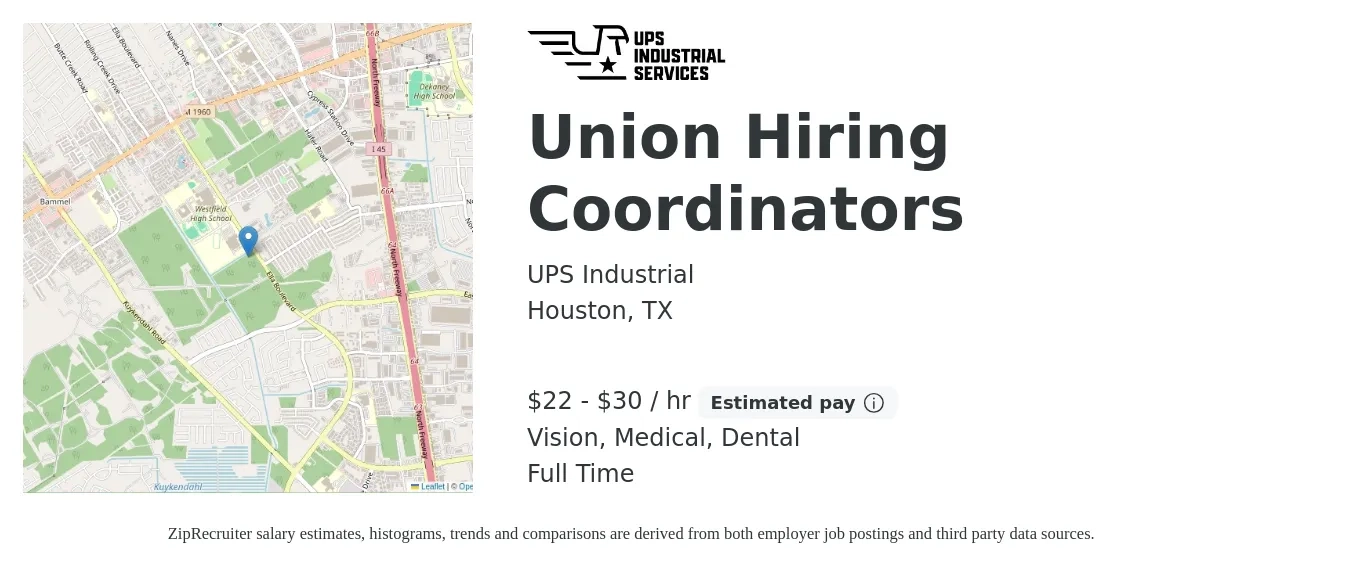 UPS Industrial job posting for a Union Hiring Coordinators in Houston, TX with a salary of $23 to $32 Hourly and benefits including dental, life_insurance, medical, retirement, and vision with a map of Houston location.