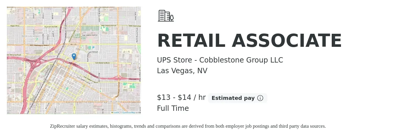 UPS Store - Cobblestone Group LLC job posting for a RETAIL ASSOCIATE in Las Vegas, NV with a salary of $14 to $15 Hourly with a map of Las Vegas location.