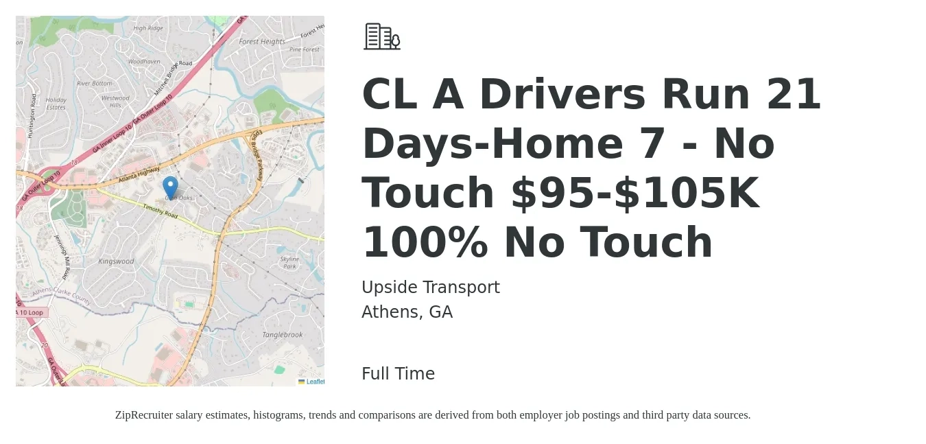 Upside Transport job posting for a CL A Drivers Run 21 Days-Home 7 - No Touch $95-$105K 100% No Touch in Athens, GA with a salary of $2,675 Weekly with a map of Athens location.