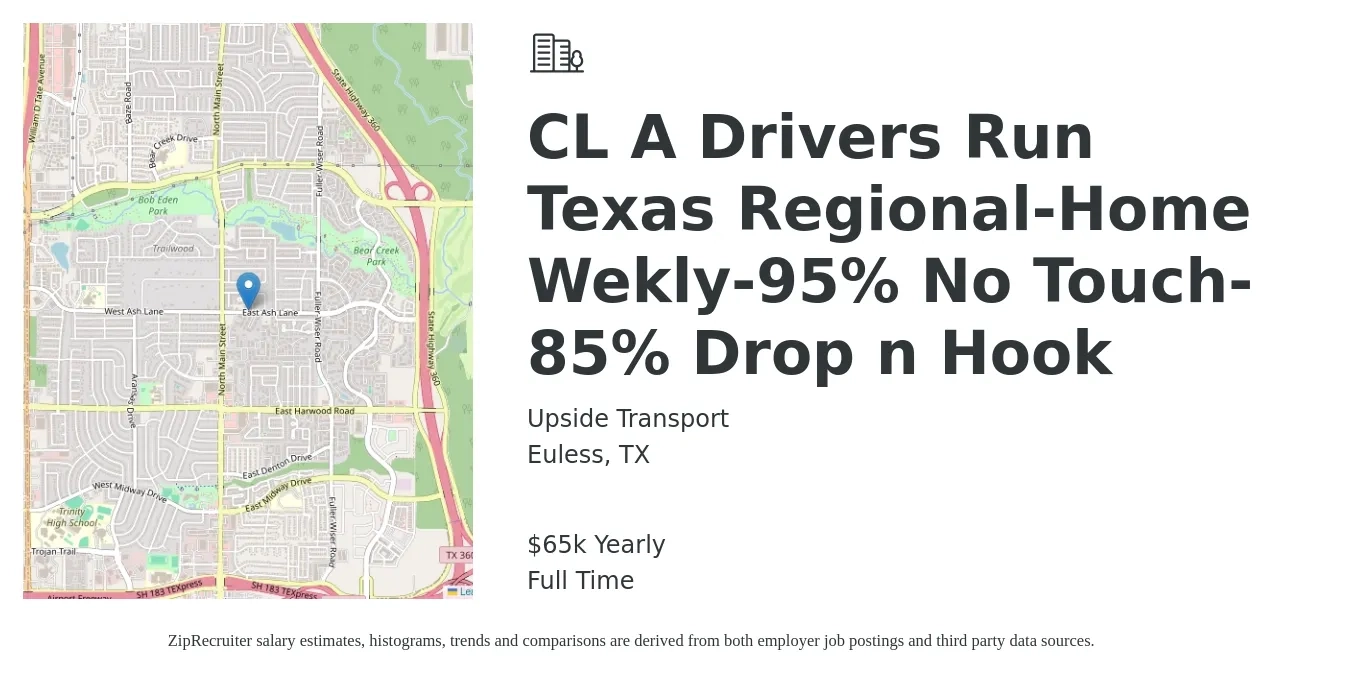 Upside Transport job posting for a CL A Drivers Run Texas Regional-Home Wekly-95% No Touch-85% Drop n Hook in Euless, TX with a salary of $1,150 Weekly with a map of Euless location.