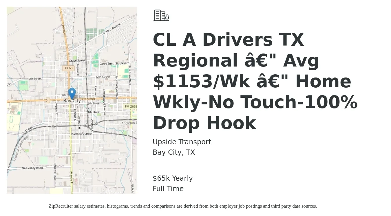Upside Transport job posting for a CL A Drivers TX Regional â€" Avg $1153/Wk â€" Home Wkly-No Touch-100% Drop Hook in Bay City, TX with a salary of $1,153 Weekly with a map of Bay City location.