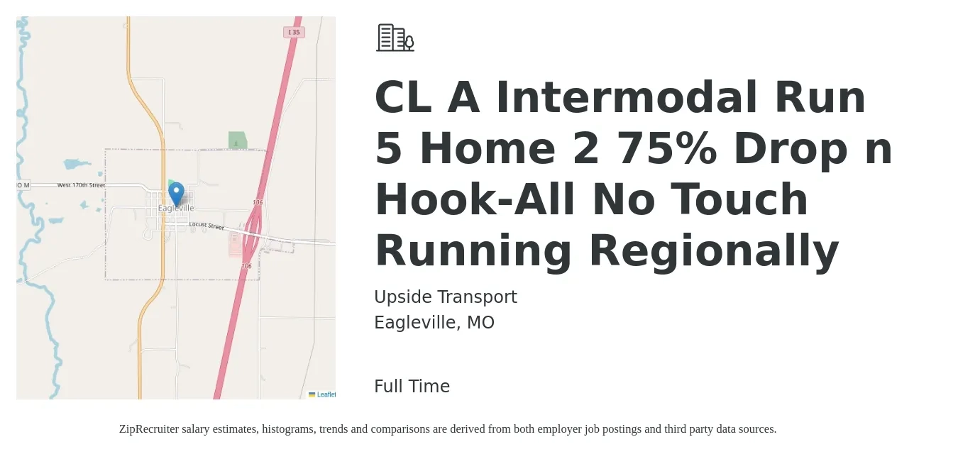 Upside Transport job posting for a CL A Intermodal Run 5 Home 2 75% Drop n Hook-All No Touch Running Regionally in Eagleville, MO with a salary of $225 Daily with a map of Eagleville location.
