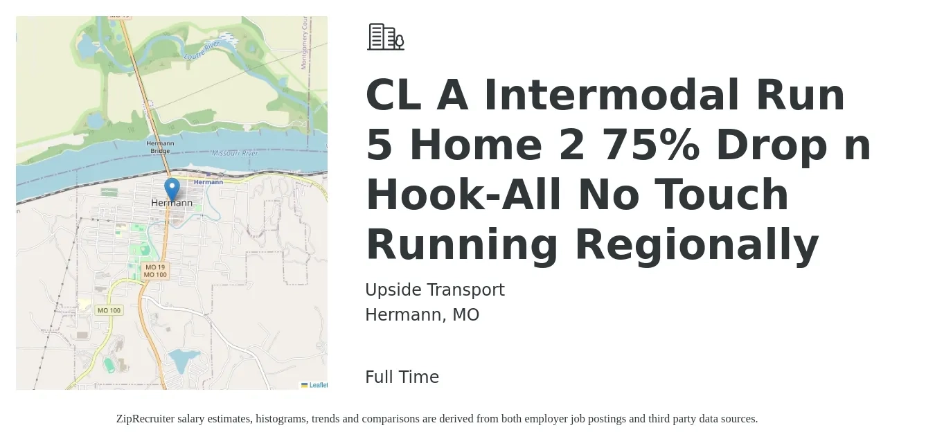Upside Transport job posting for a CL A Intermodal Run 5 Home 2 75% Drop n Hook-All No Touch Running Regionally in Hermann, MO with a salary of $225 Daily with a map of Hermann location.