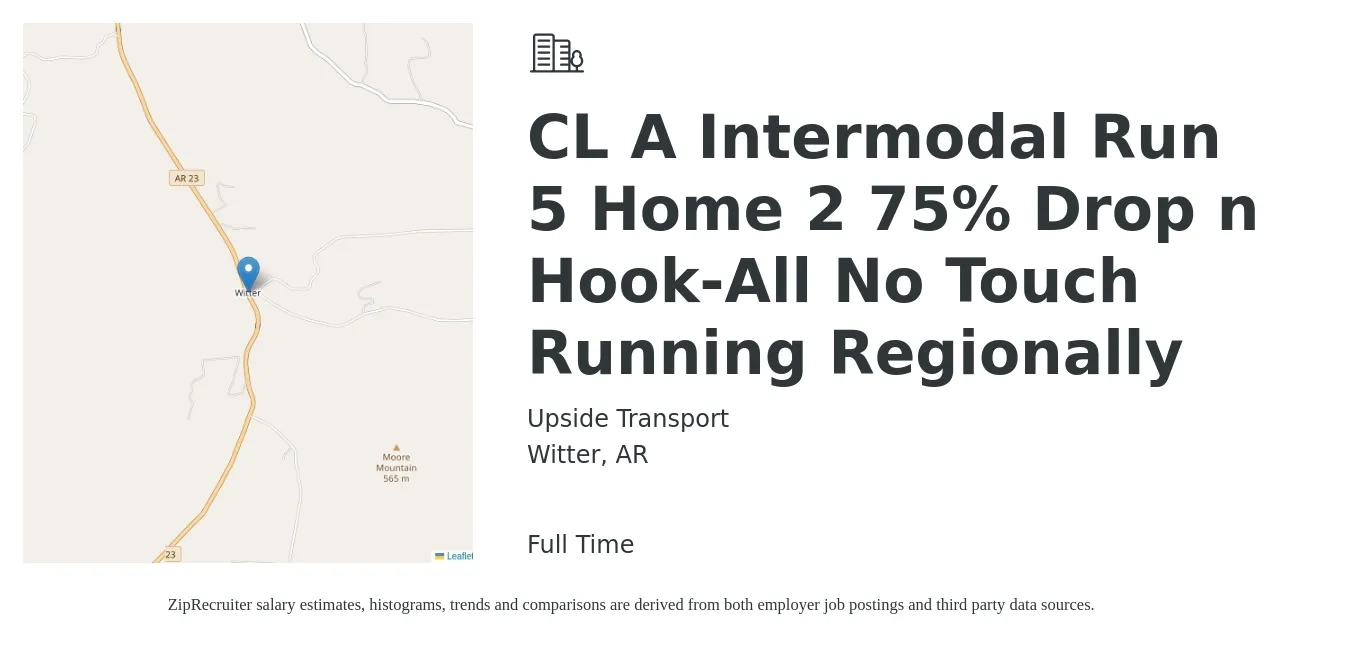 Upside Transport job posting for a CL A Intermodal Run 5 Home 2 75% Drop n Hook-All No Touch Running Regionally in Witter, AR with a salary of $225 Daily with a map of Witter location.