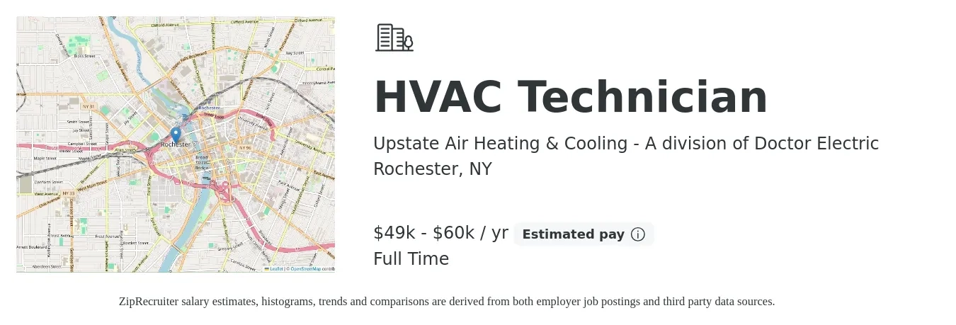 Upstate Air Heating & Cooling - A division of Doctor Electric job posting for a HVAC Technician in Rochester, NY with a salary of $49,900 to $60,300 Yearly with a map of Rochester location.