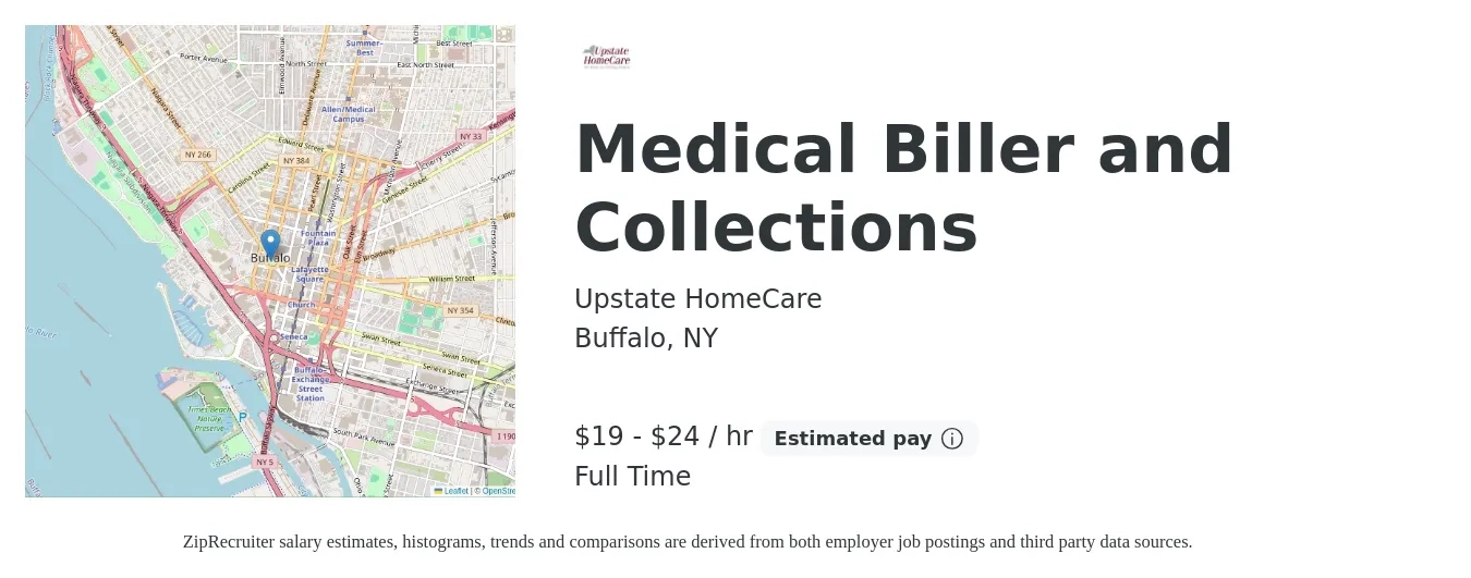 Upstate HomeCare job posting for a Medical Biller and Collections in Buffalo, NY with a salary of $20 to $25 Yearly with a map of Buffalo location.