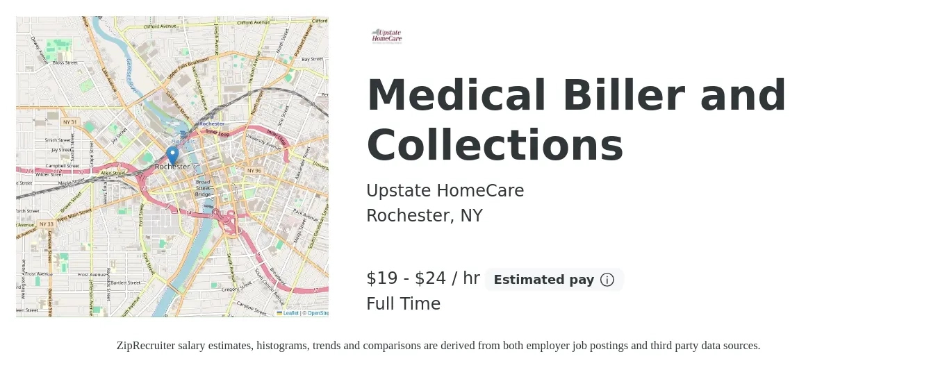 Upstate HomeCare job posting for a Medical Biller and Collections in Rochester, NY with a salary of $20 to $25 Yearly with a map of Rochester location.