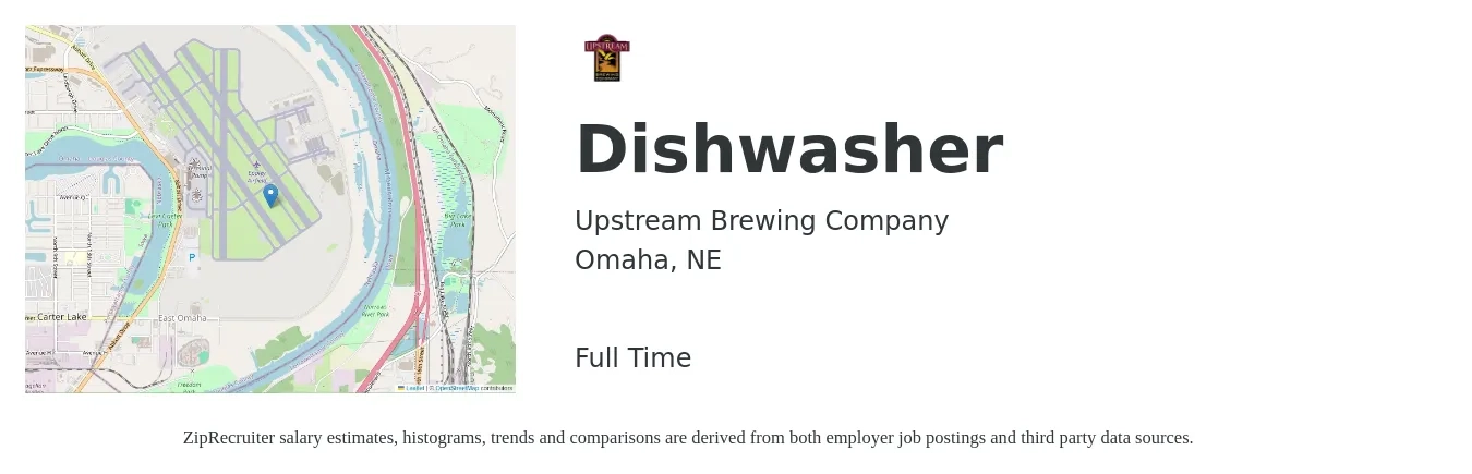 Upstream Brewing Company job posting for a Dishwasher in Omaha, NE with a salary of $12 to $16 Hourly with a map of Omaha location.
