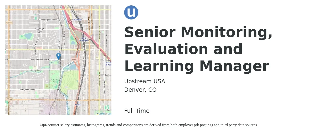Upstream USA job posting for a Senior Monitoring, Evaluation and Learning Manager in Denver, CO with a salary of $96,200 to $139,000 Yearly with a map of Denver location.
