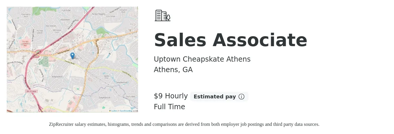 Uptown Cheapskate Athens job posting for a Sales Associate in Athens, GA with a salary of $10 Hourly with a map of Athens location.