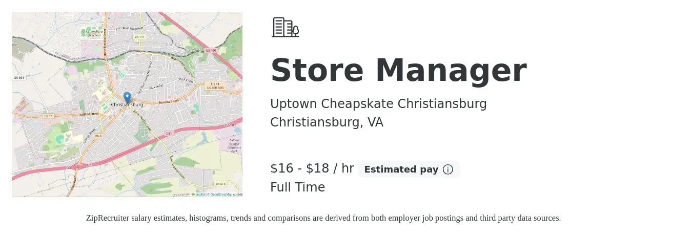 Uptown Cheapskate Christiansburg job posting for a Store Manager in Christiansburg, VA with a salary of $17 to $19 Hourly with a map of Christiansburg location.