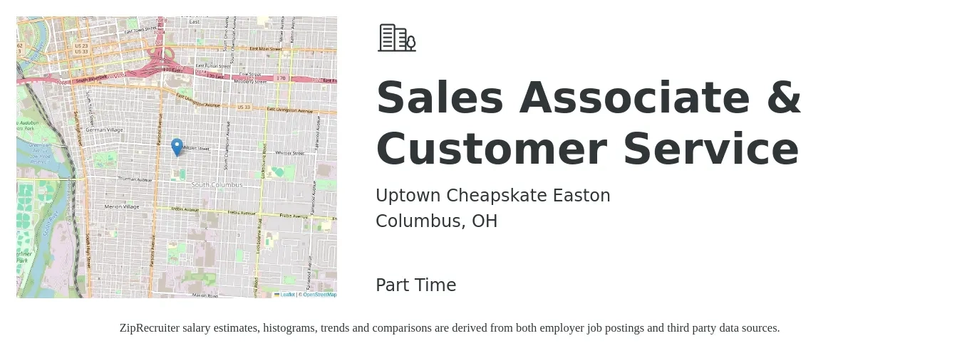 Uptown Cheapskate Easton job posting for a Sales Associate & Customer Service in Columbus, OH with a salary of $14 to $29 Hourly with a map of Columbus location.