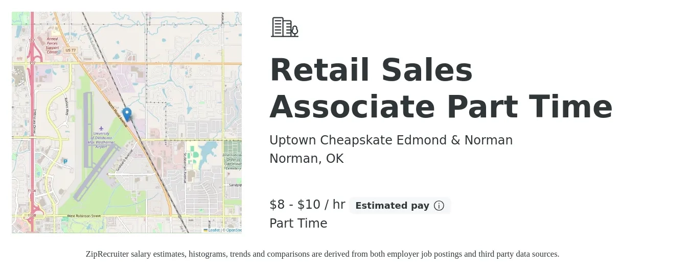 Uptown Cheapskate Edmond & Norman job posting for a Retail Sales Associate Part Time in Norman, OK with a salary of $9 to $11 Hourly with a map of Norman location.