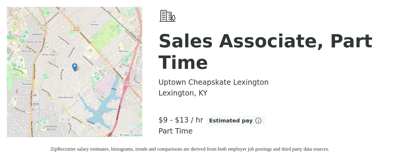Uptown Cheapskate Lexington job posting for a Sales Associate, Part Time in Lexington, KY with a salary of $10 to $14 Hourly with a map of Lexington location.
