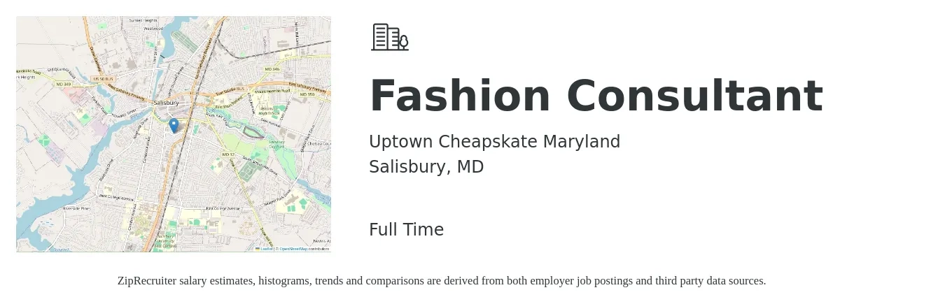 Uptown Cheapskate Maryland job posting for a Fashion Consultant in Salisbury, MD with a salary of $10 to $12 Hourly with a map of Salisbury location.