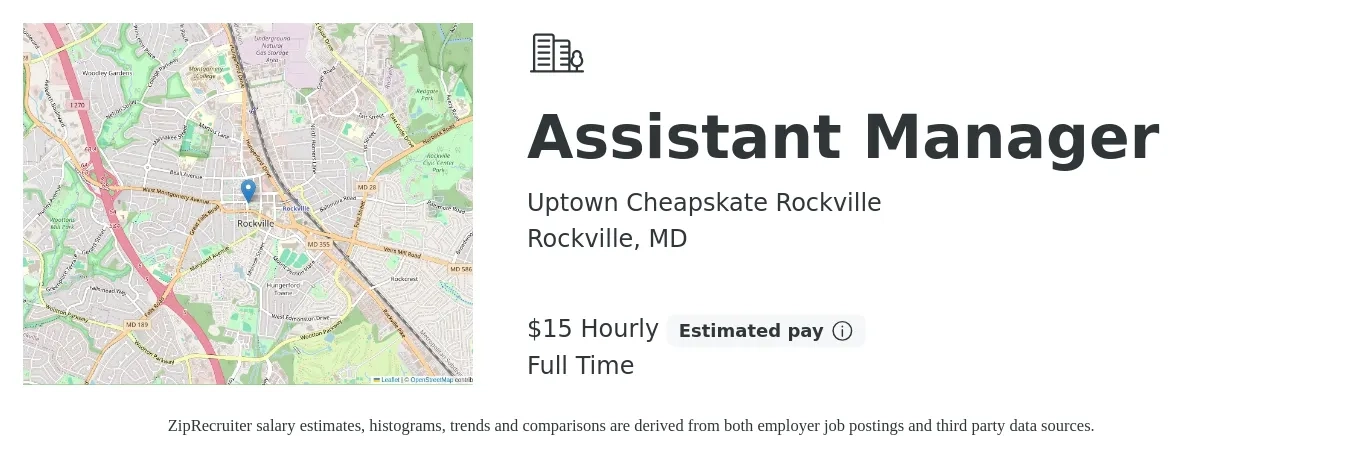 Uptown Cheapskate Rockville job posting for a Assistant Manager in Rockville, MD with a salary of $16 to $16 Hourly with a map of Rockville location.