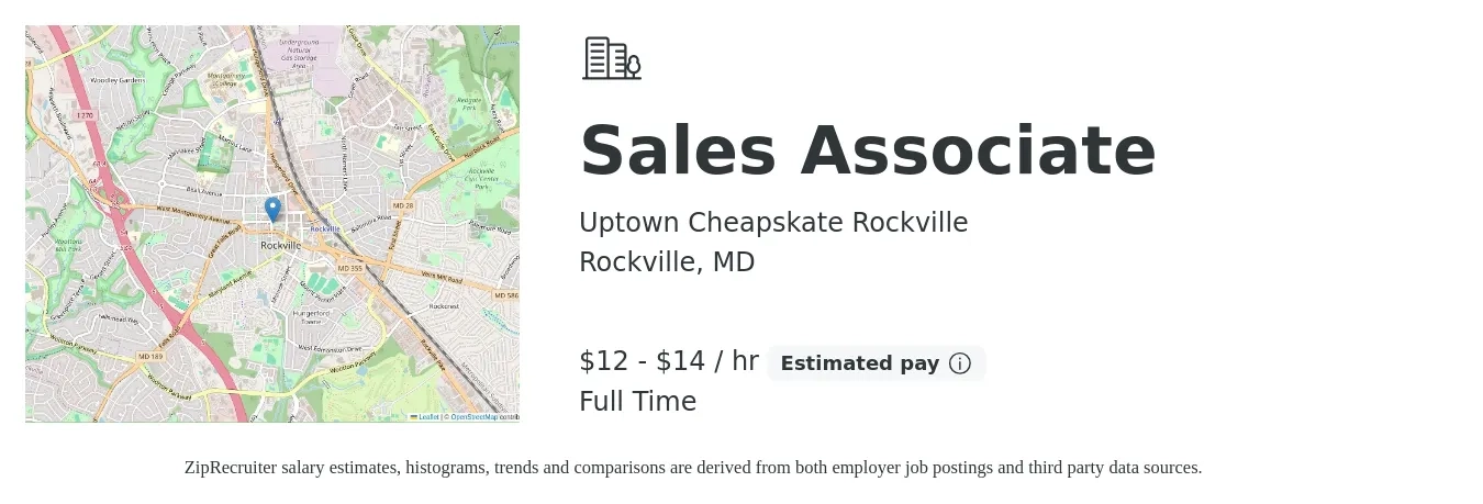 Uptown Cheapskate Rockville job posting for a Sales Associate in Rockville, MD with a salary of $13 to $15 Hourly with a map of Rockville location.