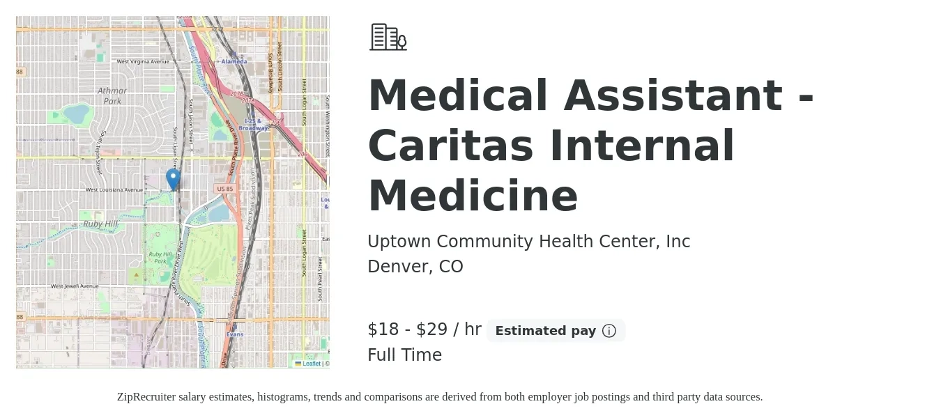 Uptown Community Health Center, Inc job posting for a Medical Assistant - Caritas Internal Medicine in Denver, CO with a salary of $19 to $30 Hourly with a map of Denver location.