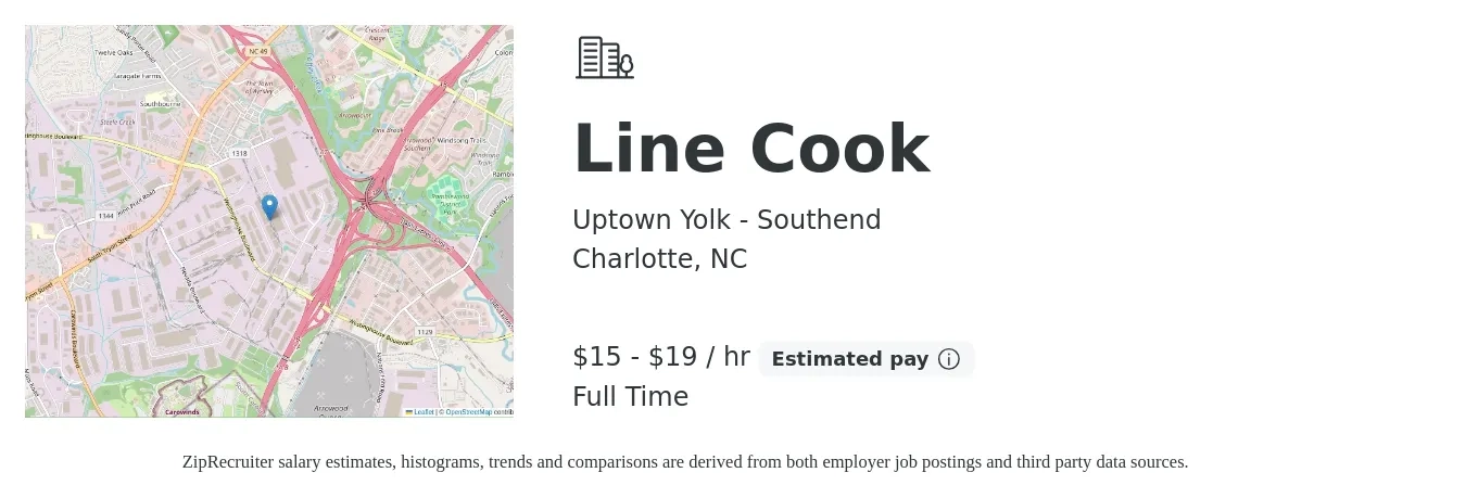 Uptown Yolk - Southend job posting for a Line Cook in Charlotte, NC with a salary of $16 to $20 Hourly with a map of Charlotte location.