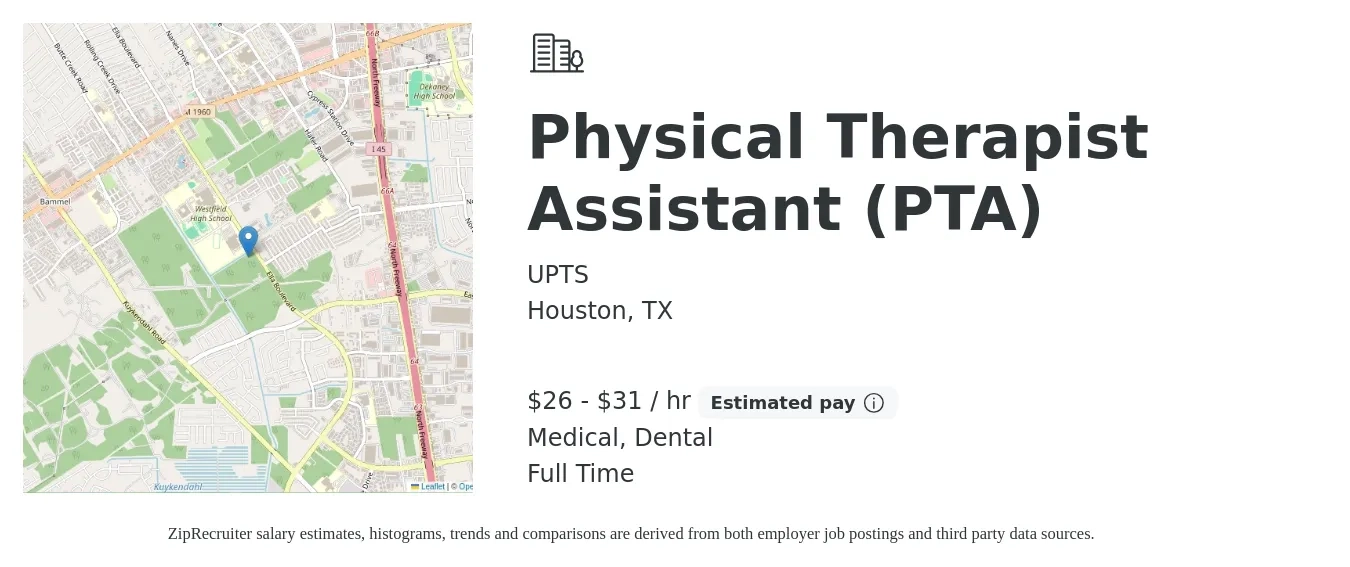 UPTS job posting for a Physical Therapist Assistant (PTA) in Houston, TX with a salary of $28 to $33 Hourly and benefits including pto, dental, and medical with a map of Houston location.