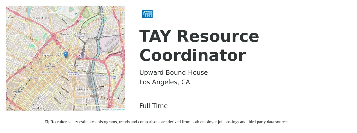 Upward Bound House job posting for a TAY Resource Coordinator in Los Angeles, CA with a salary of $23 to $27 Hourly with a map of Los Angeles location.