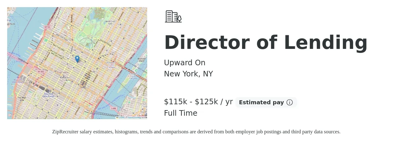 Upward On job posting for a Director of Lending in New York, NY with a salary of $115,000 to $125,000 Yearly with a map of New York location.