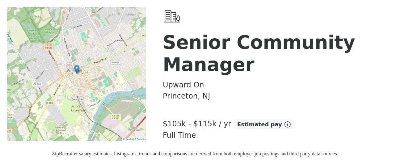 Upward On job posting for a Senior Community Manager in Princeton, NJ with a salary of $105,000 to $115,000 Yearly with a map of Princeton location.