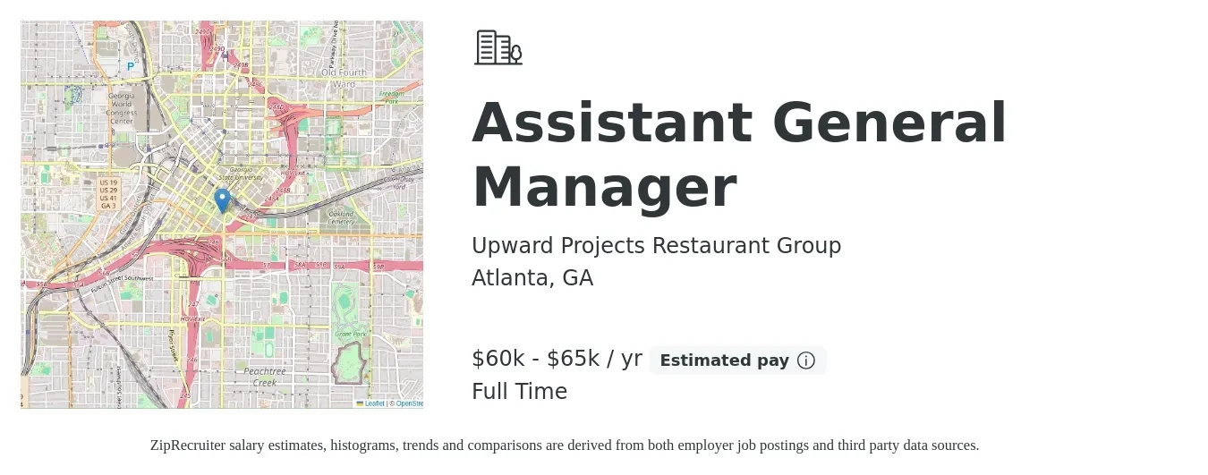 Upward Projects Restaurant Group job posting for a Assistant General Manager in Atlanta, GA with a salary of $16 to $24 Hourly with a map of Atlanta location.