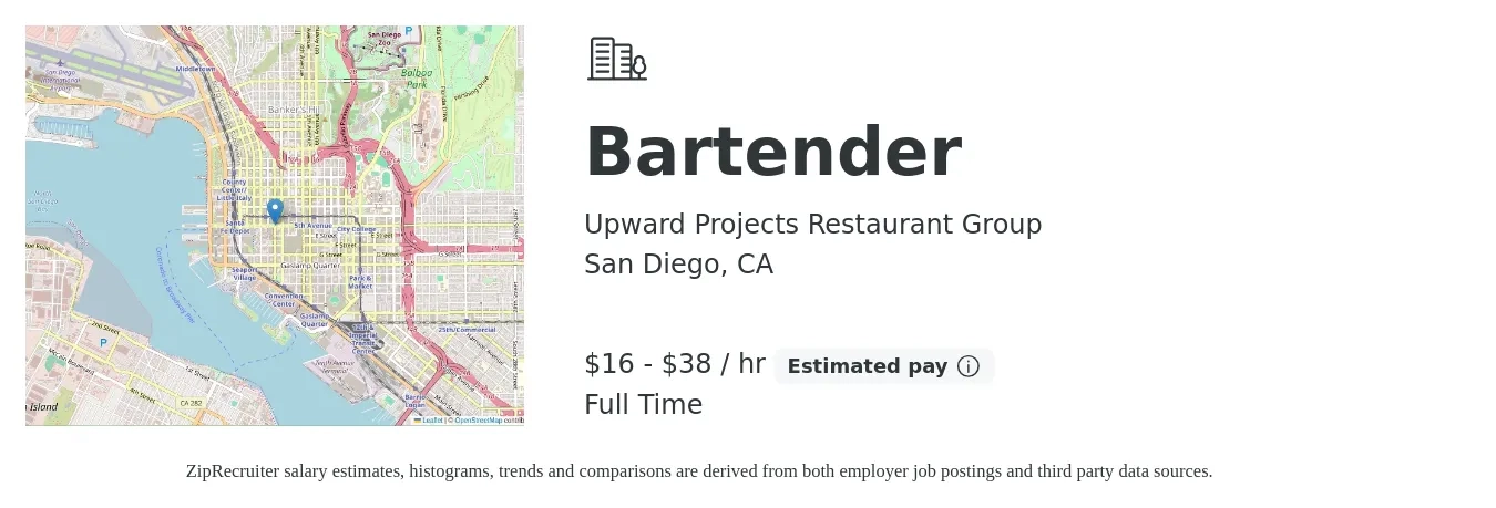 Upward Projects Restaurant Group job posting for a Bartender in San Diego, CA with a salary of $17 to $40 Hourly with a map of San Diego location.