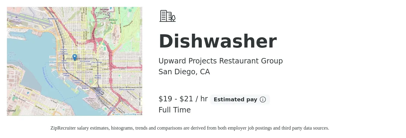 Upward Projects Restaurant Group job posting for a Dishwasher in San Diego, CA with a salary of $17 to $18 Hourly with a map of San Diego location.