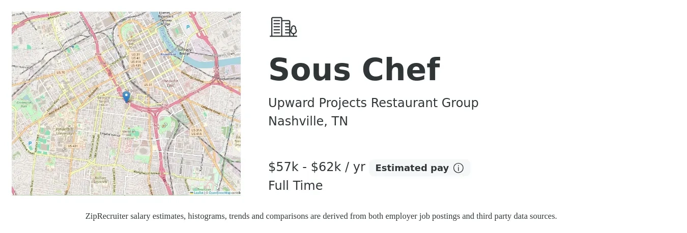 Upward Projects Restaurant Group job posting for a Sous Chef in Nashville, TN with a salary of $57,000 to $62,000 Yearly with a map of Nashville location.